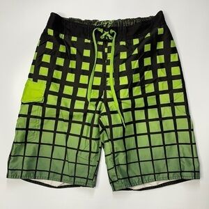 Mountain Dew Black Green Check Swim Trunks Size 36
